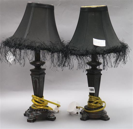 A pair of small table lamps with black shades height 44cm